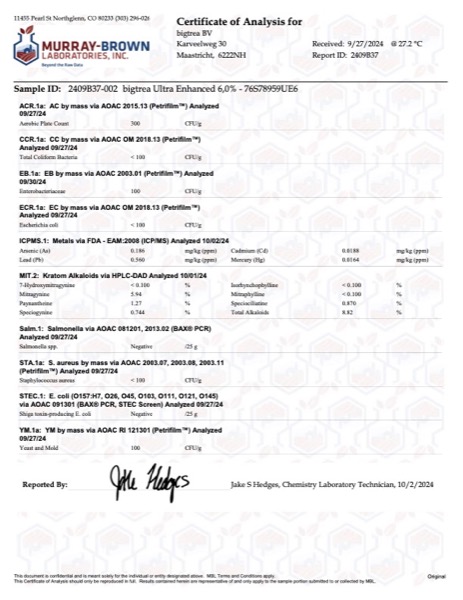 Ultra Enhanced Kratom 6,0% lab report cover