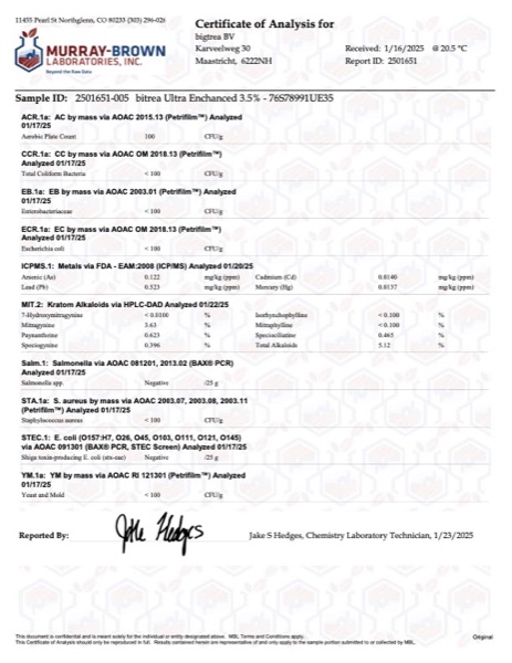 Ultra Enhanced Kratom 3,5% lab report cover